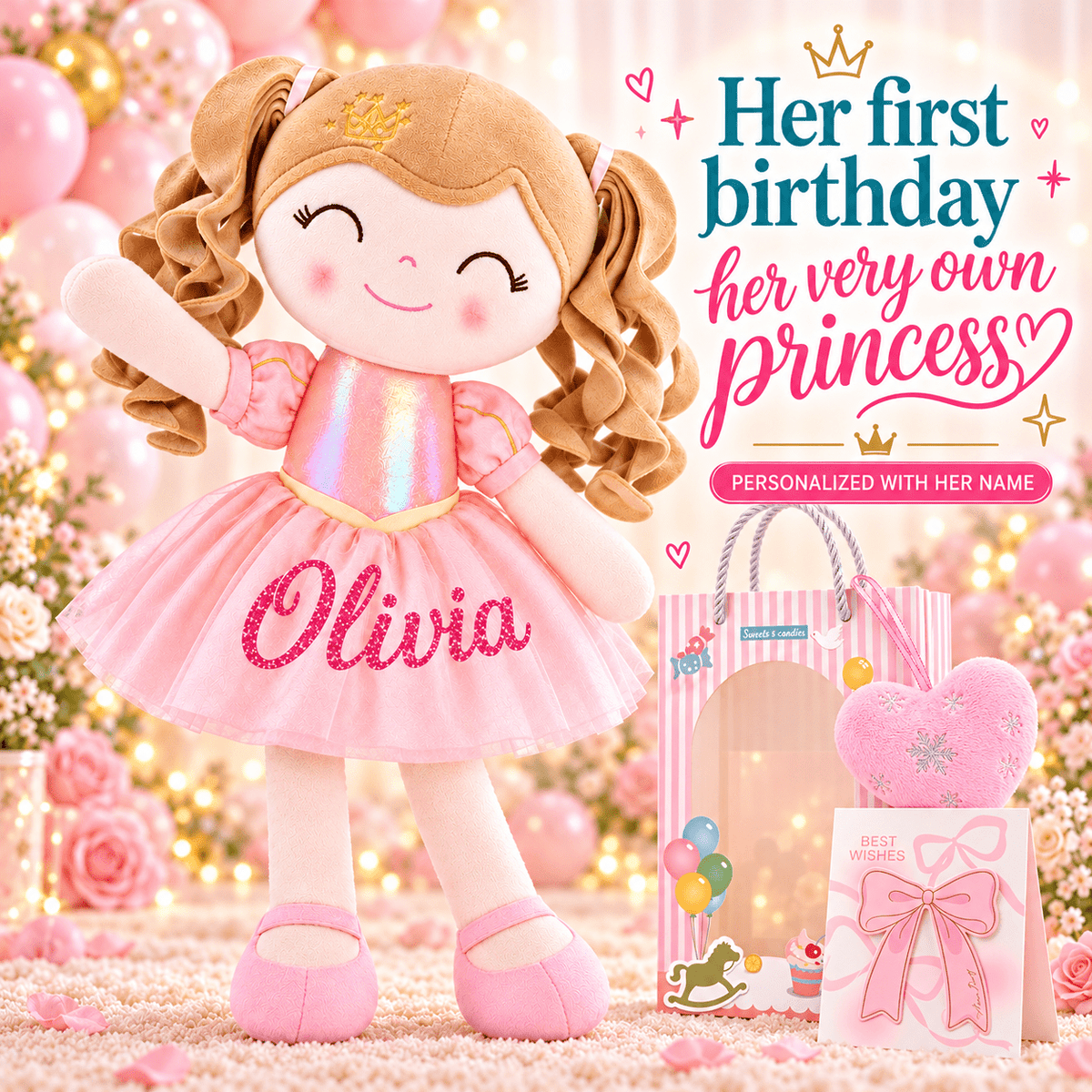 Personalized 16-inch Gloveleya Crown Princess Doll – Custom Pink Princess - Gloveleya Official