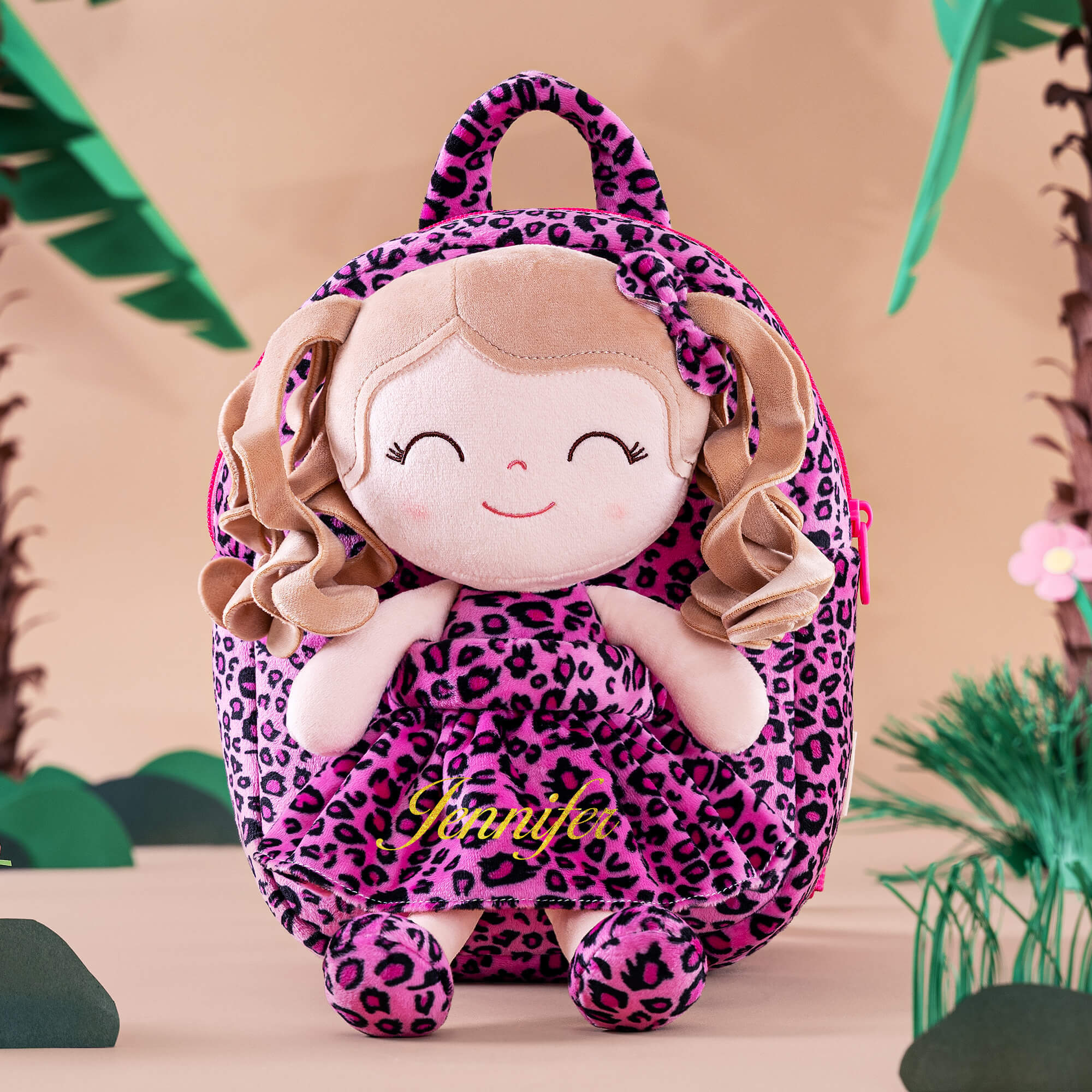Gloveleya 9-inch Personalized Plush Curly Animal Leopard Dolls Backpack Rose Costume