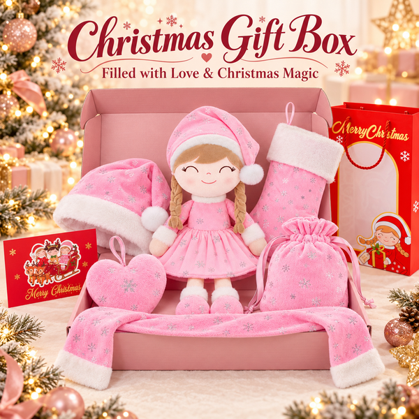 Pink Christmas doll gift box with blonde doll